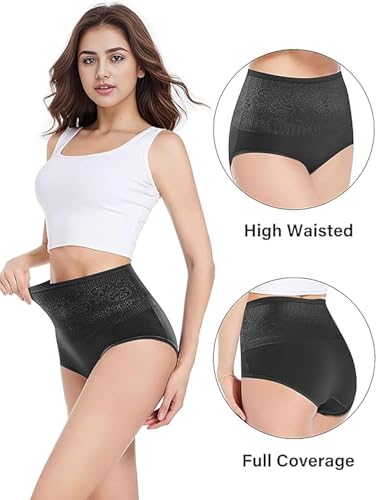 Image of Women's Lace Trim High Waisted Cotton Underwear Full Coverage Ladies Panties Tummy Control Briefs 4 Pack