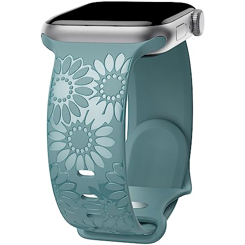 Image of Sunflower Engraved Band Compatible with Apple Watch Bands 38mm 40mm 41mm 42mm 44mm 45mm 49mm Women, Designer Soft Glossy Floral Silicone Strap for iWatch Series Ultra 11 10 9 8 7 6 SE 5 4 3 2 1