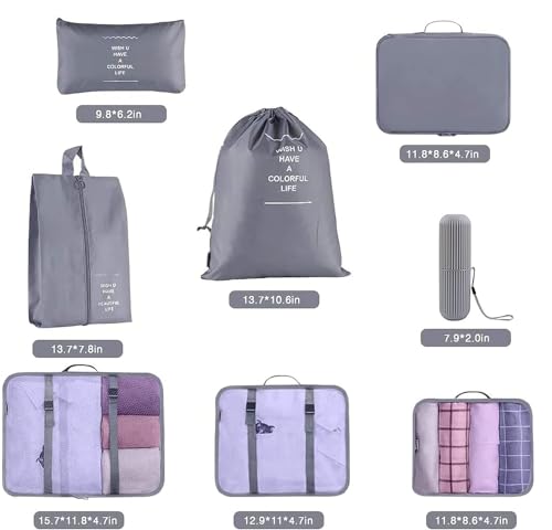 Image of 8 PCS Travel Luggage Organizers Set Waterproof Suitcase Organizer Bags Travel Lightweight Suitcase Organizer Bags for Travel Accessories Suitcases with Toiletries Bag (Grey)