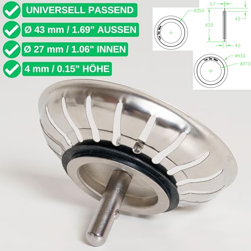 Siebkörbchen Lippendichtung, 2 Stück, Ø 43 x 27 mm, universal Gummidichtung in Schwarz, Ersatz Dichtring Set Spüle Küche Abfluss, Spülbecken Dichtungsring Abflusssieb, Siebkorb Dichtung Ablauf Ventil