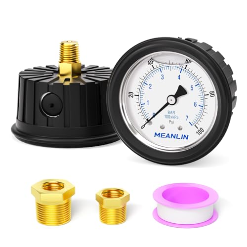 Image of MEANLIN MEASURE 0~100Psi Stainless Steel 1 /4 inch NPT 2.5 inch FACE DIAL,Liquid Filled Pressure Gauge, Center Back Mount (with Rubber Protective Sleeve), with 1 /2 inch NPT and 3 /8 inch NPT Hex Bushing