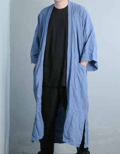 Image of Men's Long Cotton Linen Kimono Cardigan Oversized Noragi Jacket Man Haori Summer Yukata Beach Robe