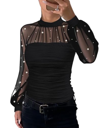 Ninimour Women‘s Pearls Decor Long Sleeve Blouse Mesh Spliced Textured Shirt 2025 Fall Going Out Top Black