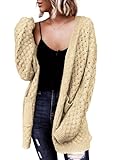 Dokotoo Beige Sweater for Women 2024 Fashion Trendy Loose Casual Fall Thick Long Sleeve Open Front Long Chunky Cable Knit Cardigan Sweater Outerwear Coat with Pockets Small