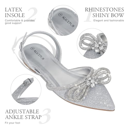 ALICEPUB Women's Pink Floral Slingback Flats Shoes with Glitter, Comfortable Latex Insoles, Slingback Design with Adjustable Buckle, Size 62