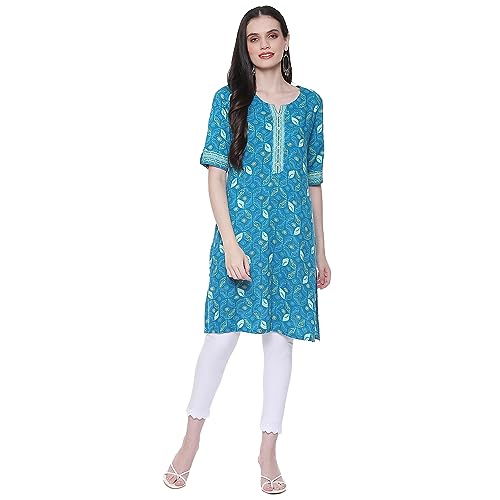 Image of Rangriti Teal Blue Liva Straight Printed Kurta for Women