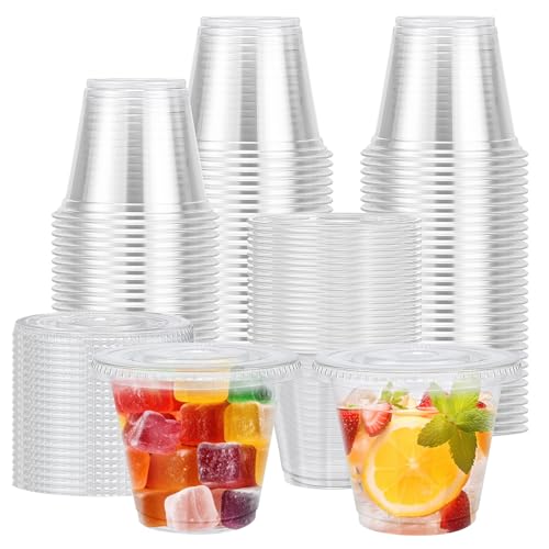 Lamosi 100 Pack 9 oz Clear Plastic Cups with Lids, Disposable Cups with Flat Lids No Hole, Ideal for Ice Cream, Cold Drinks, Fruit, Dessert, Yogurt Parfait