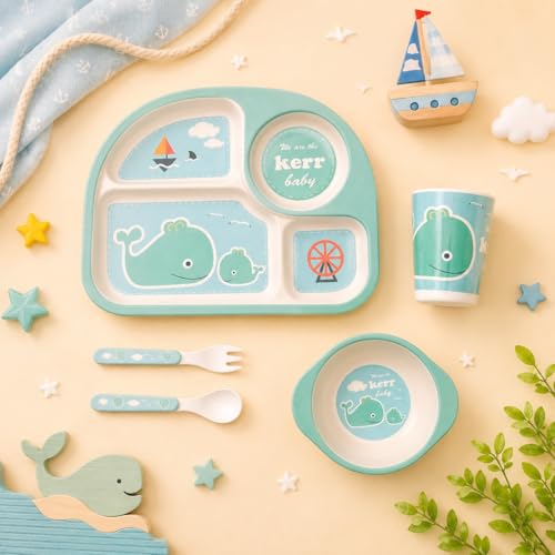 Image of Bamboo Kids Feeding Set of 5 | Kids Crockery Set Tableware |Baby Utensils and Dishes Set | Eco-Friendly |Organic & Natural (Green Whale.)