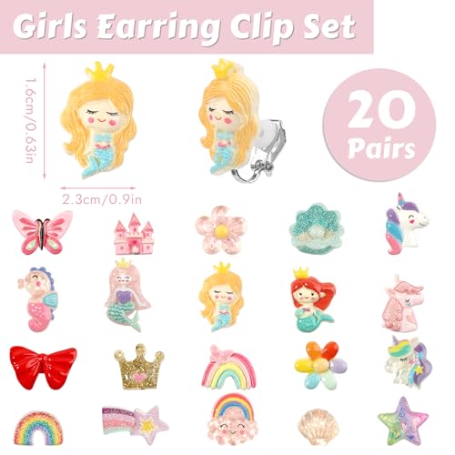 Deepton 20 Paar Ohrclips Mädchen, Klipp Ohrringe Kinder Mädchen, Clips Ohrringe, Ohrringe Zum Klipsen, Ohrklipser Kinder, Magnet Ohrringe Mädchen, Einhorn-Blumen-Prinzessin-Ohrring Set (E)