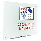 Magnetic Glass Whiteboard Dry Erase Board Black 4 Markers 6 Magnets Eraser Accessories Large Frosted Whiteboards Glasses For Interactive Office Wall Frameless White Glassboard Aluminum Tray 35 x 47 in