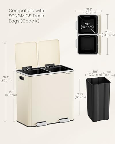 Image of SONGMICS Trash Can, 2 x 10.6 Gallon (2 x 40 L), Almond Color | with 15 Trash Bags, 2 Compartments, Plastic Inner Buckets and Hinged Lids, Airtight, Almond Color ULTB730A01V1