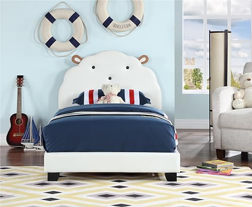 ROISDIYI Upholstered Twin Size Platform Bed for Kids, Wooden Bed Frame with Slatted Bed Base, No Box Spring Needed, Cute Bed Frame with Shell Design Headboard for Girls Boys Teens (White)