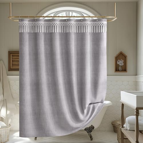 Image of AmazerBath Boho Shower Curtains for Bathroom, Farmhouse Shower Curtain Gray with Top Tassels, Light Grey Shower Curtain with 12 Hooks, Faux Linen Fabric Hotel Quality, 72x72 Inches