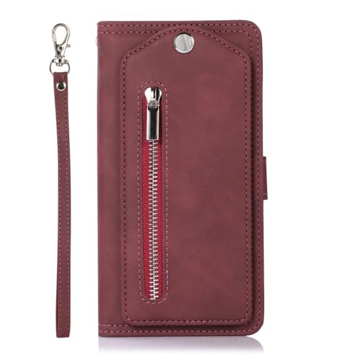 Couverture en cuir vin rouge avec porte-carte et support vidéo pour smartphone