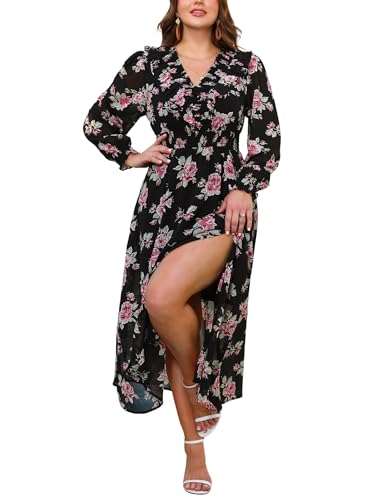 Plus Size Wedding Guest Dress for Women - Black Floral Long Sleeve V-Neck Split Maxi Dress, Elegant Garden Party Dress for Curvy, Flattering Waist Design Hides Tummy