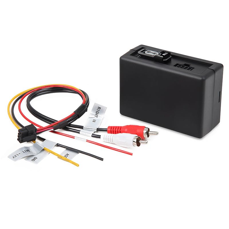 Image showing the optical fiber decoder box with its wiring harness connected, highlighting the RCA and power cables.