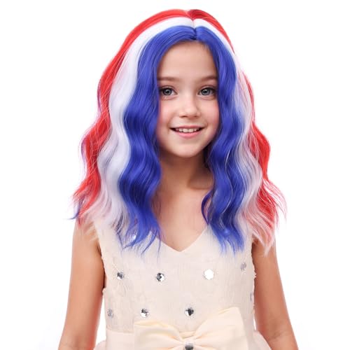 Image of PATTNIUM Blue Red White Wig 4th of July Wig for Kids Short Curly Wavy Fourth of July Party Wigs Girls Heat Resistant Synthetic Wigs