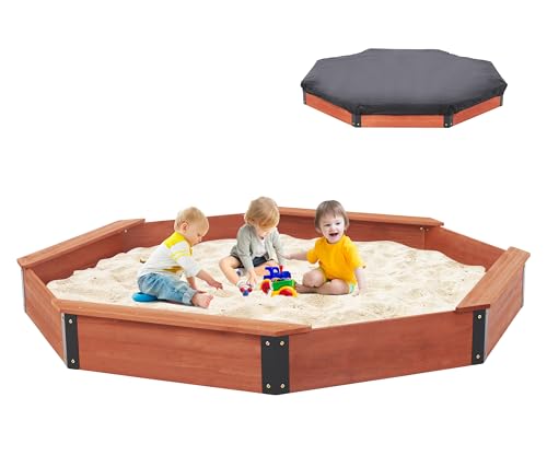 85''x78''x9'' Wooden Octagon Sandbox with Cover, Large Sandpit for Kids Outdoor Patio Backyard Play, Easy & Quick Assemble