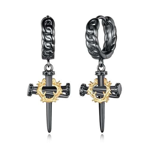 Black Nails Cross Earrings 925 Sterling Sliver Cross Hoop Earrings Christian Jewelry Gifts for Men