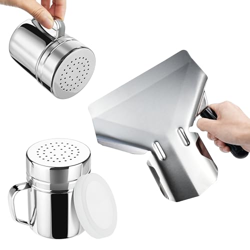 Popcorn Scoop for Popcorn Machine, Stainless Steel Popcorn Scooper with 2 Pcs Popcorn Salt Shaker, French Fry Scoop with Wide Spatula Opening and Finger Groove Handle for Party, Movie Night, Theater
