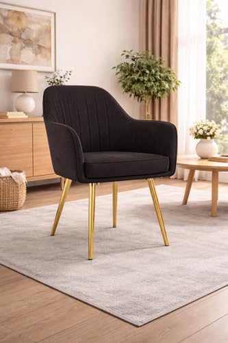 Image of Plush Dining Chair | Accent Chair for Living Room Bedroom Restuarant | Velvet Fabric & Thick Cushion Seat with Sturdy Glossy Metal Legs (Golden Legs, Black)