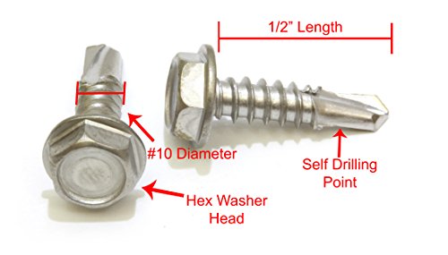 No. 10 X 1/2" Stainless Hex Washer Head Self Drilling Screws, (100 Pc), 410 Stainless Steel Self Tapping Tek Screws, No. 1 Point, Plain Finish By Bolt Dropper #TOP1