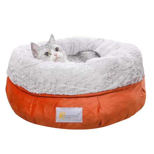 XINSOURCE Cozy Round Pet Bed, Cats Bed, Dogs Bed. Super Soft Plush Interior for Ultimate Comfort. High Walls Provide Extra Support. Non-Slip. Machine Washable.(Gery+Orange, Medium)