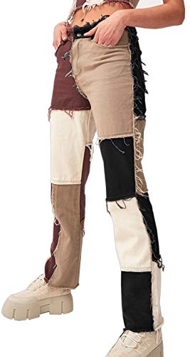 PAODIKUAI Women Patchwork Jeans Raw Hem Denim Pants Slim Bootcut Jean Hight Waist Distressed Straight Denim Jeans