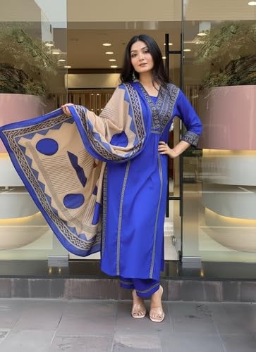 Image of ANNI Designer Women's Rayon Viscose Straight Printed Kurta with Pant & Dupatta Set | Ethnic 3-Piece Readymade Suit for Women | Elegant Festive & Office Wear Traditional Outfit