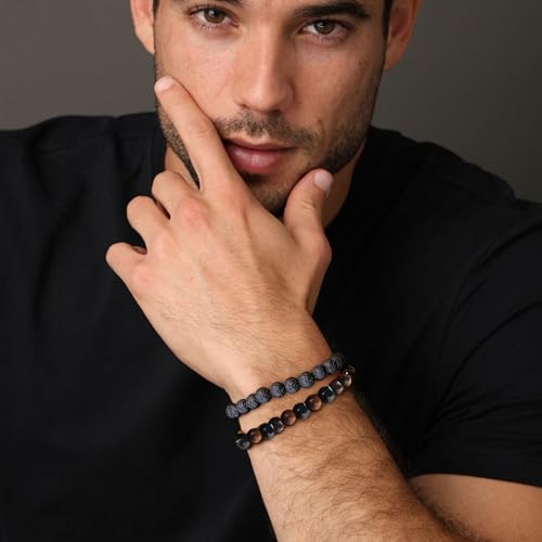 EIELO Beaded Stretch Bracelets for Men Women Natural Stone Tiger Eye Black Lava Rock Stretch Adjustable Black Boho Crystal Stackable Beaded Bracelets Set3