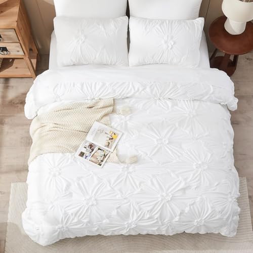 Image of White Comforter Set Queen Size Bed in A Bag 7 Piece Pinch Pleat Bedding Set,Pintuck Ruched Flowers Bed Set with Comforter, Sheets, Pillowcases & Shams