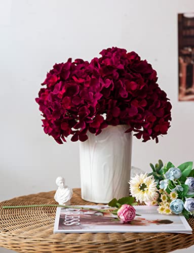DuHouse Artificial Bigger Silk Hydrangea Flower Heads with Stem Realistic Fake Hydrangea Flower Bouquets for Wedding Home Party Garden Centerpiece Pack of 6(Burgundy) - Image 3