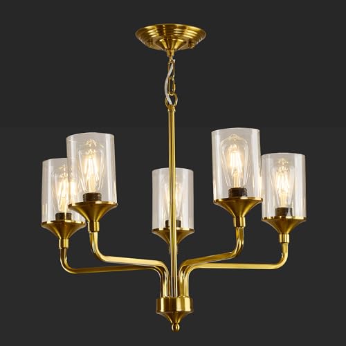 Image of Gold 5-Lights Glass Chandelier Rustic Metal Pendant Lighting Ceiling Light Fixtures Hanging for Farmhouse Kitchen Living Room Foyer Dining Room.