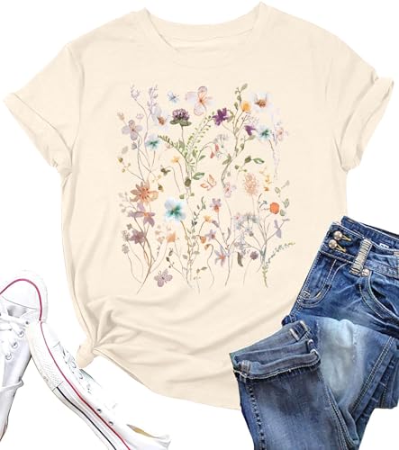 Women Boho Flower T Shirt Vintage Floral Graphic Shirt Botanical Tee Wildflowers Shirts Garden Lover Top