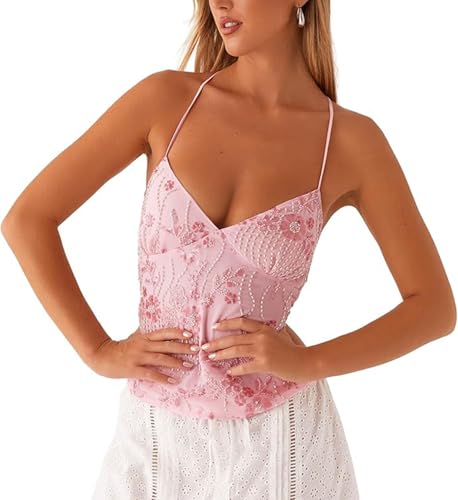 SUIUOI Dam rygglös halterneck topp – sommartoppar Y2K glitter crop top med paljetter, blombroderi och pärldetaljer, sexig topp med snörning, ROSA, M