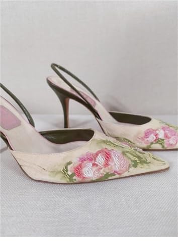 TOSOFT Embroidered Slingback Heels for Women Fashion Linen Mid Heel Pumps Pointed Toe Stilettos Party Bridal Shoes4