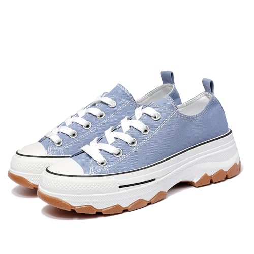 Image of Nexsus Plus Ladies Women Chunky Sole Lace Up Low Top Sneakers Trainers (Blue, UK Footwear Size System, Adult, Women, Numeric, Medium, 4)