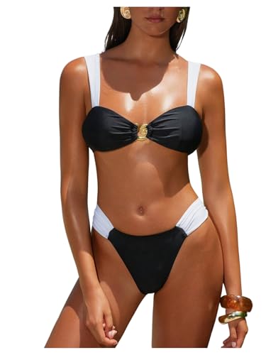 Women's 2 Piece Color Block Bathing Suit Metal Tie Back Cheeky Bikini Sets Summer Swimsuit