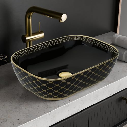 Image of LAPO Basin for Bathroom, Ceramic Tabletop Wash basin, Table Top Wash Basin for Bathroom And Livingroom Decor, Countertop Vessel Sink (Black-Gold finish, 61x41x13.5 Cm) -A410