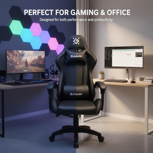 Defender® DAYTO Gaming Stuhl, Ergonomischer PC Stuhl, bequemer Bürostuhl für Home Office oder Gamer-Sessel, Kopfkissen, Höhenverstellbar, Computerstuhl, PU-Leder, Schwarz