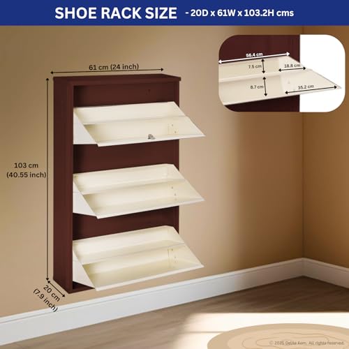Image of DELITE KOM 24 inch Wide, 6 Shelf Metal Shoe Rack Wall Mounted for Home with Central Lock Holds Upto 18 Shoes or 30 Slippers Pair | Double Decker, 1 Yr Warranty, (41x24x8, Coffee Ivory), DIY, Space Saver
