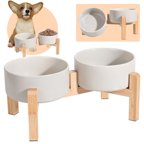 Comedero y Bebedero Elevado Para Perro - Cuenco Doble de Cerámica Con Soporte de Bambú - Platos Para Comida y Agua - Bol Para Perros Pequeños y Medianos - 2 x 850 ml