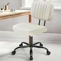 DUMOS Small Armless Home Desk Chair with Low Back Lumbar Support, Height Adjustable PU Leather Computer Task Chair with 360° Swivel Wheels, for Small Space, Kids and Adults, Beige White