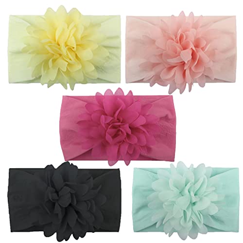 Image of SYGA Pack of 5 Baby Headbands Nylon Flower Soft Stretchable Hairband for Newborn Infant Toddler Kids For 0-3 Year (Multicolor)