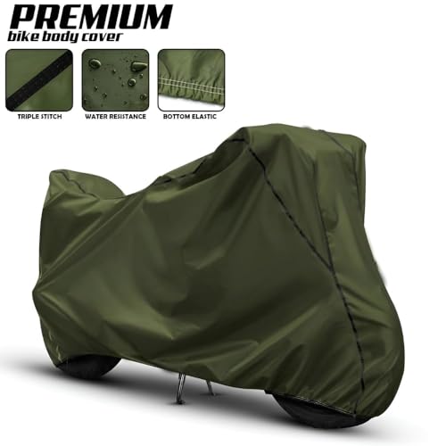 Image of Waterproof Bike Body Cover Compatible with Bajaj Pulsar 150 Dustproof Scratchproof - Motorcycle Cover for Two Wheeler, Outdoor Full Cover with UV, Duty, Rain Protection (Olive with Black)