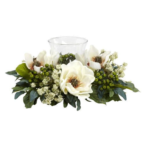 Nearly Natural 4794 Magnolia Candelabrum Silk Flower Arrangement, White