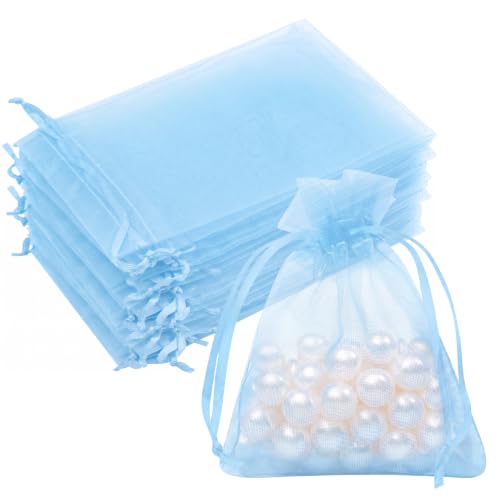Image of Crweety 50PCS Organza Bags 3x4 Baby Blue Small Gift Bags Mesh Drawstring | Party Favor Goodie Bag Bulk, Jewelry Sachet Candy Treat Soap Makeup Pouches, Wrap for Wedding Baby Shower Birthday Halloween