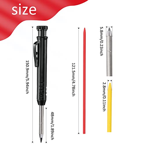 Wzone Tieflochmarker Schwarz mit Minen Markierungsstift Tischler Bleistift Baustift Ölhaltiger mit Anspitzer Baustellen Stift DIY Tiefloch Markierwerkzeug auf Holz Metall Betonfliesen