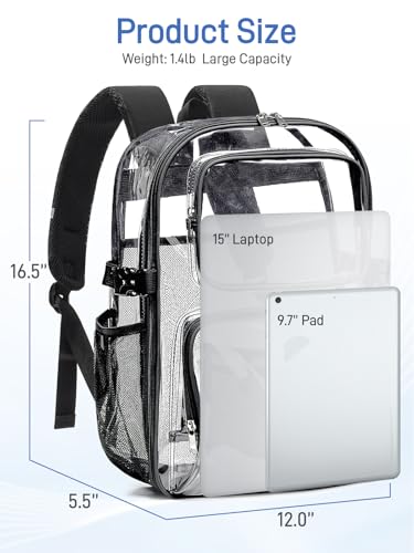 Clear Backpack Heavy Duty for Women Men Boys Girls, Transparent See Through Backpack, Large TPU Bookbag with 360° Reflective Strips for Sport College Work Travel Security, Black4