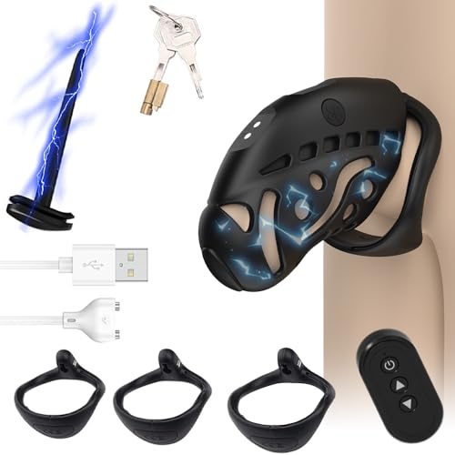 Heuceo Electric Shock Male Cock Cage Chastity Device Set 9 E-stim Intensities Chastity Lock with 3 Rings Penis Plug Remote Control SM Bondage Adult Sex Toys for Men Penis Testicle Stimulation Exercise